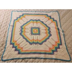 Handmade‎ Vtg Crochet Throw Baby Blanket Afghan 36'x36' Rainbow Colors Blue Trim